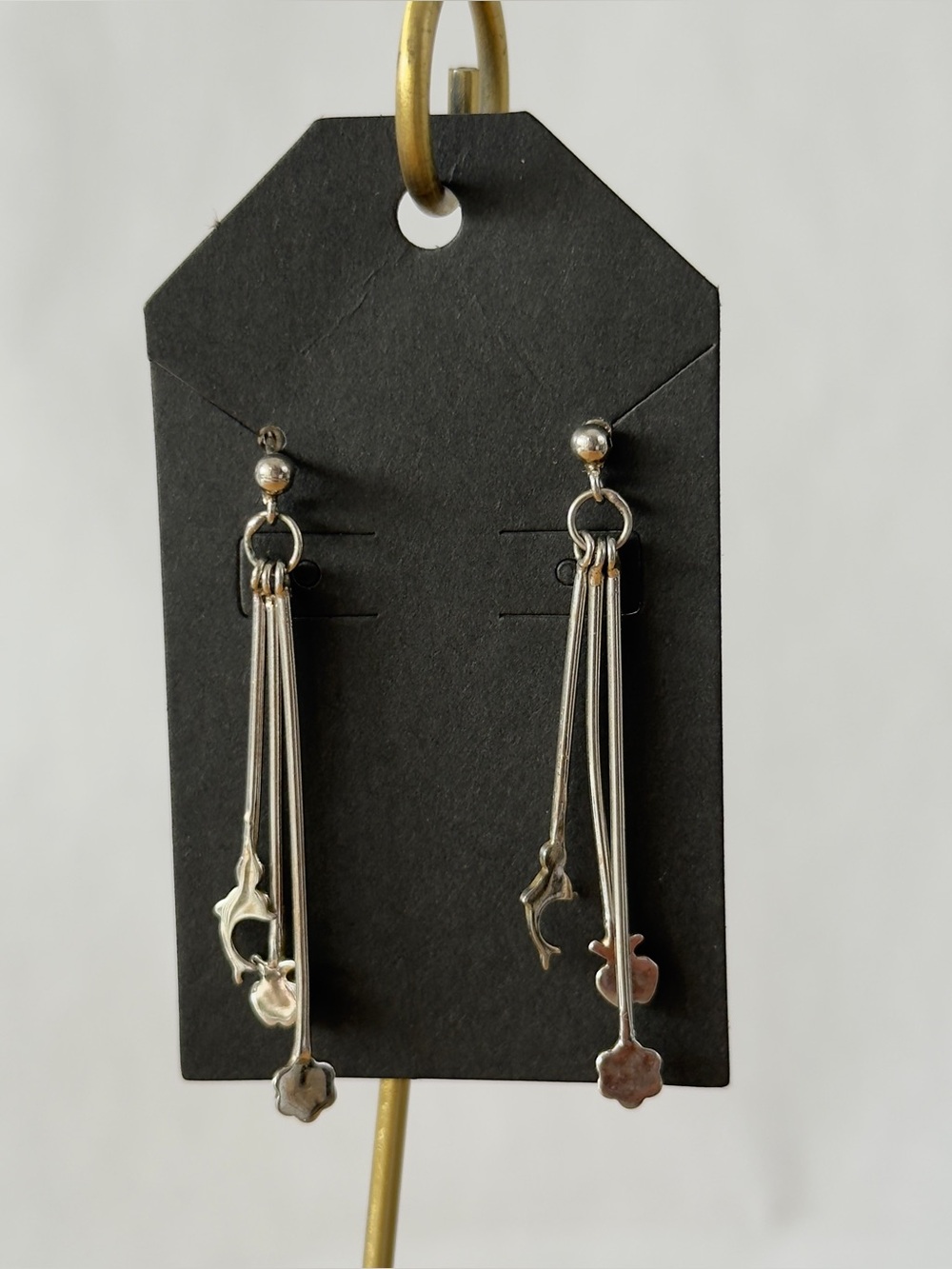 Y2K Sterling Silver Cascading Dangle Drop Stud Earrings with Dolphins & Flowers